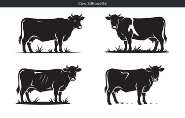 Fototapeta premium Vector illustration of four different black cow silhouettes on a white background