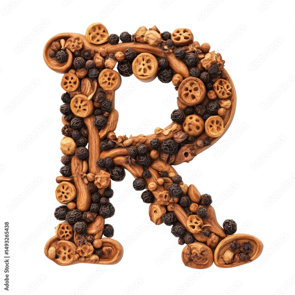 Poster creative arrangement of assorted cookies and chocolates in the shape of the letter r on a white back