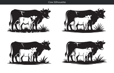 Obraz premium Silhouette illustration of a cow and calf standing in grass for farming and agriculture designs