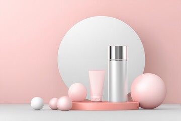 Pink and White Cosmetic Product Mockup with Geometric Shapes