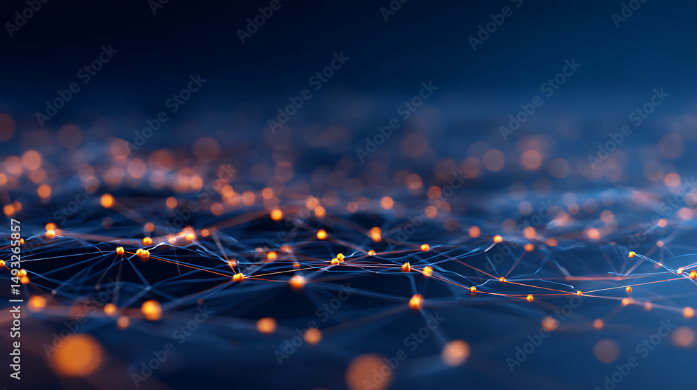 Poster abstract network connections with glowing dots and lines on a dark blue background, concept of digit