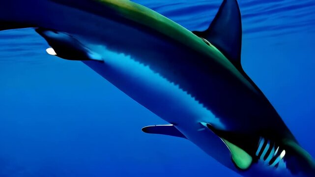 Underwater shot of a hammerhead shark swimming in deep blue ocean waters with visible gills and striped pattern on the skin