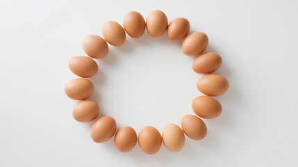 Fresh brown eggs in a circular pattern on white, symbolizing simplicity and natural harmony.