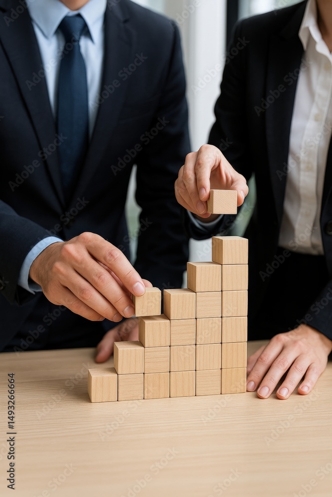 Poster corporation structure growth concept. businesspeople building a wooden block chart for progress visu