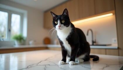 Tuxedo cat kitchen counter feline domestic animal pet