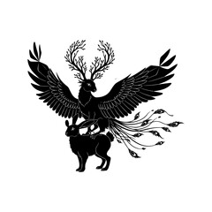 Black Silhouette of a Fantasy Creature with Wings, Antlers, and Feathered Tail Riding a Magical Rabbit