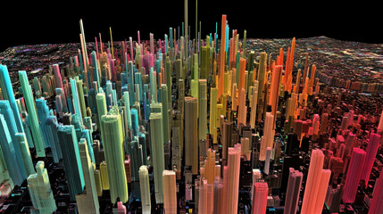 Obraz premium Vibrant 3D visualization of city skyline, showcasing colorful skyscrapers and urban structures, representing economic data and trends