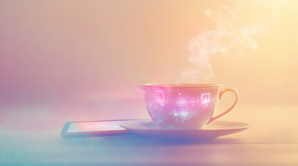 Dreamy cup of coffee with digital themes and glowing effects