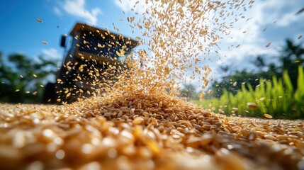 Harvested grains spill from a machine