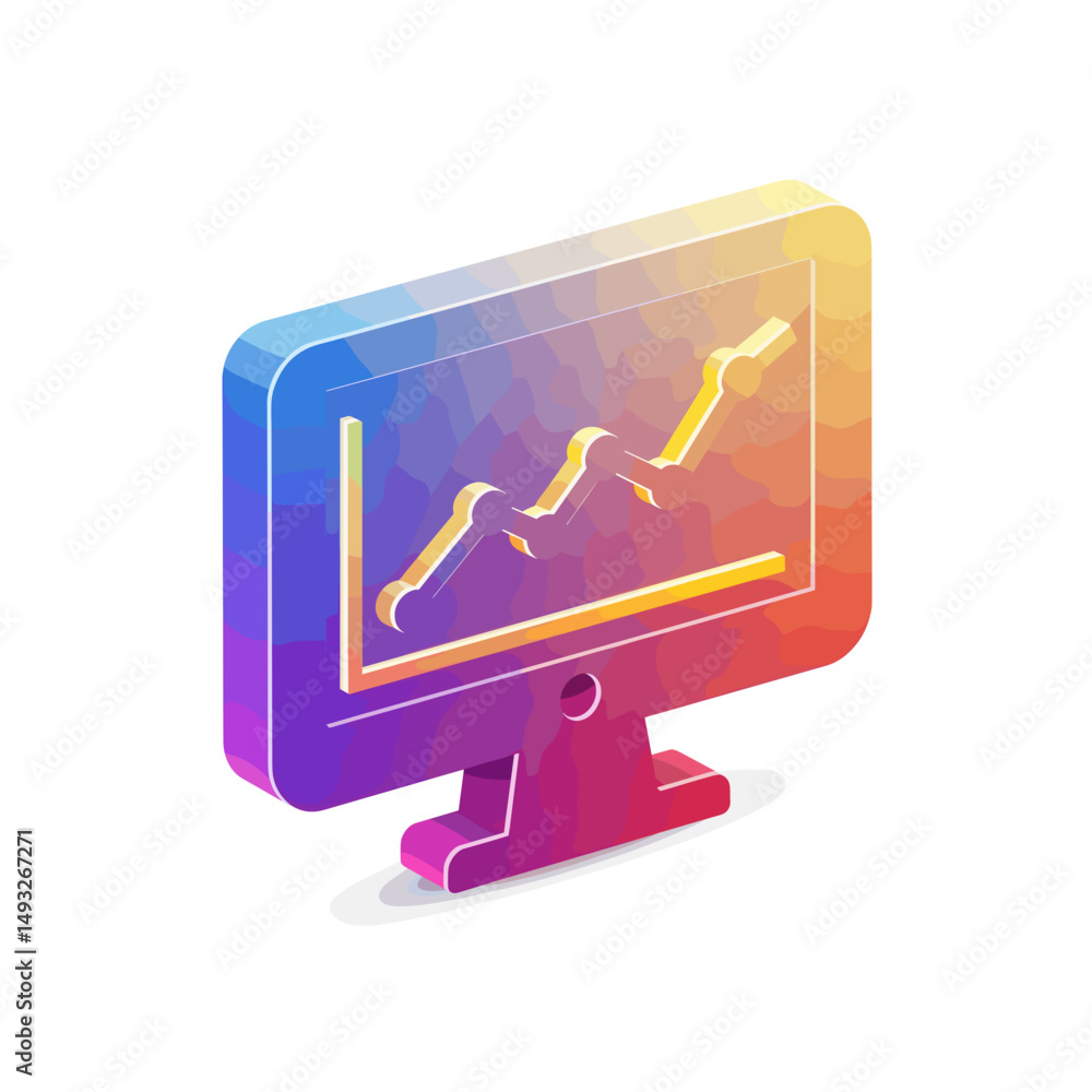 Poster isometric monitor displaying upward trend graph in vibrant colors