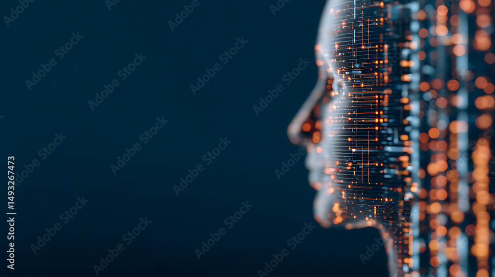 Aufkleber abstract profile of a human head with glowing digital circuits and binary code on a dark background.
