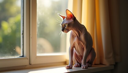 Sphynx cat window light pet animal feline domestic breed