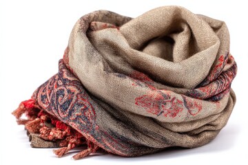 Soft beige pashmina shawl with red and navy paisley print, casually draped. Luxurious texture and warm autumnal colors.