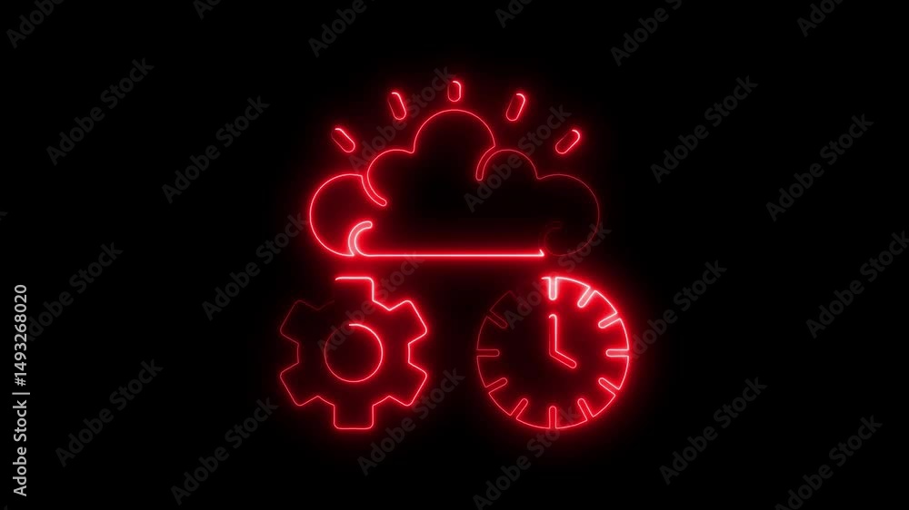 Poster illuminated neon icons representing cloud computing settings and time against black background