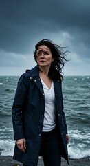Woman Standing by Sea in Stormy Weather