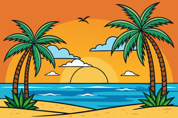 Fototapeta premium Sunset over a tropical beach with swaying palms vector illustration