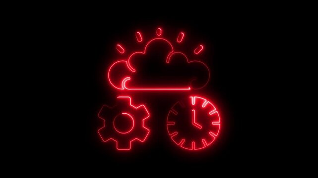 Illuminated neon icons representing cloud computing settings and time against black background