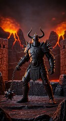 Fototapeta premium Demonic Warrior Figure with Spiked Armor and Horned Helmet in Fiery Volcanic Landscape