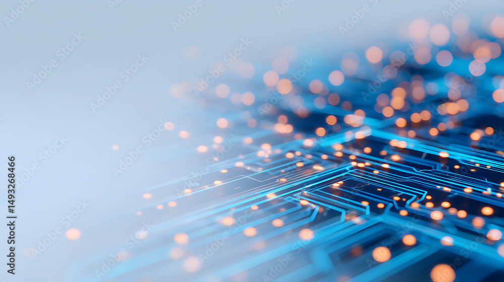 Poster ai circuit design with neon blue lines and dots on a white background. concept of modern digital tec