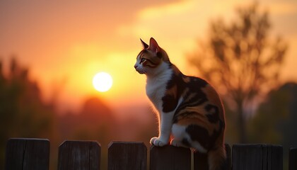 Calico cat sunset feline pet fence animal domestic nature