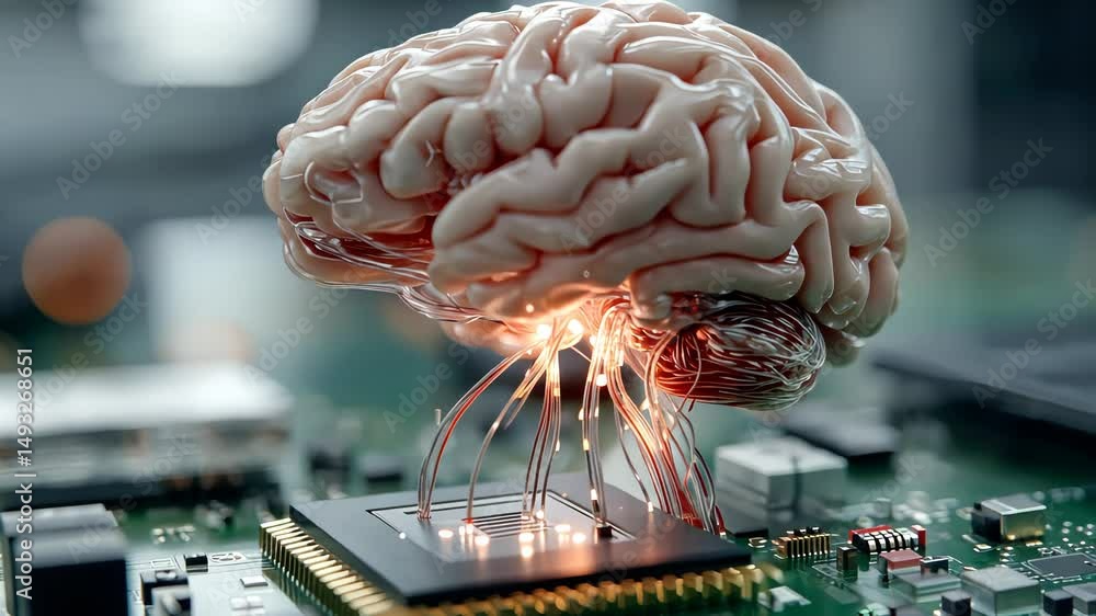 Poster a realistic brain model wired into a microchip, symbolizing the fusion of human cognition and artifi