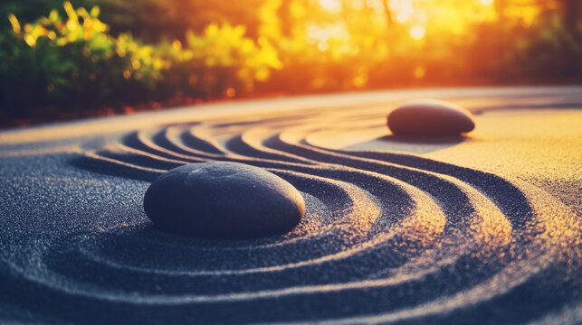 Zen garden with raked sand and stones at sunset for meditation and mindfulness practice low angle