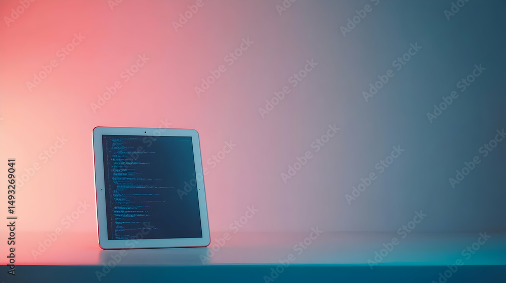 Fototapete modern tablet displaying code on a minimalistic surface with gradient light