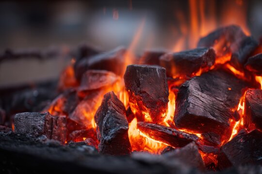 Close-up of Glowing Charcoal Embers Igniting with Intense Heat and Fiery Flames in a Barbecue Grill Setting