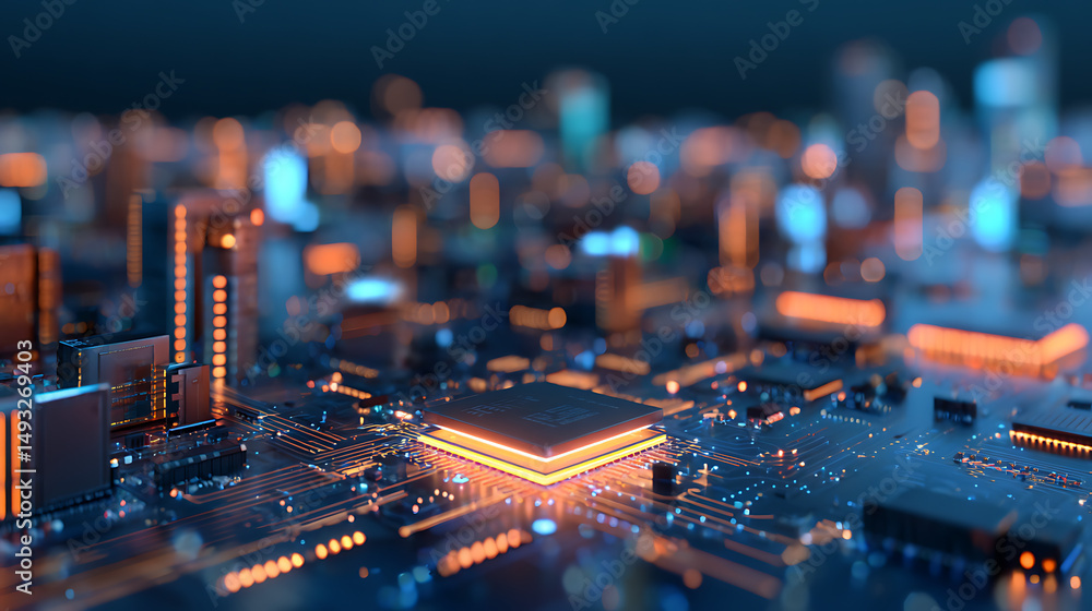 Aufkleber futuristic digital circuit board with neon blue lights and bokeh effect. 3d rendering 84771917 3