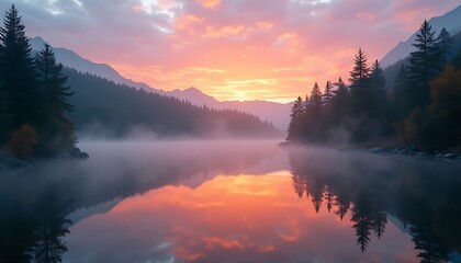 Sunrise lake landscape mountain forest reflection view