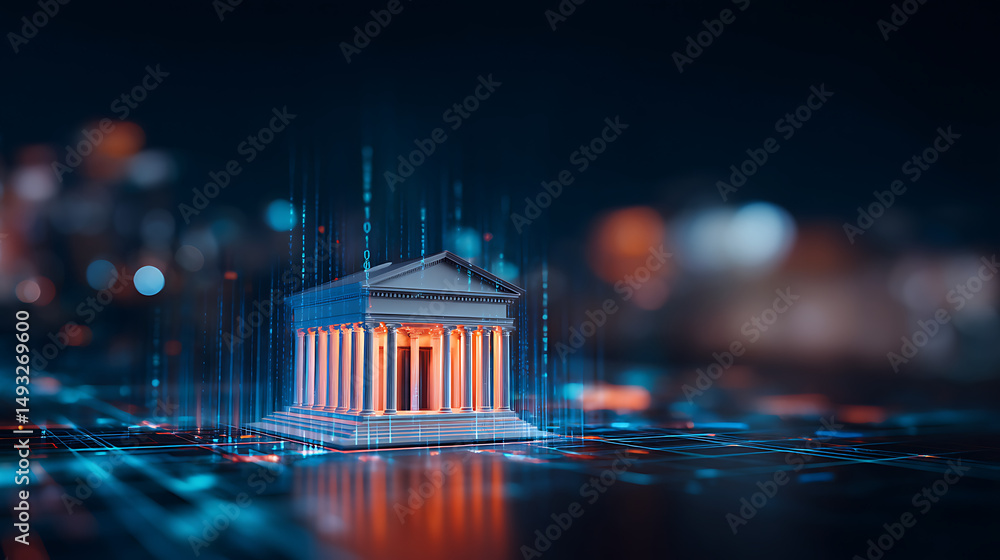 Aufkleber digital representation of a classical building with glowing blue lines on a dark, data-streamed back