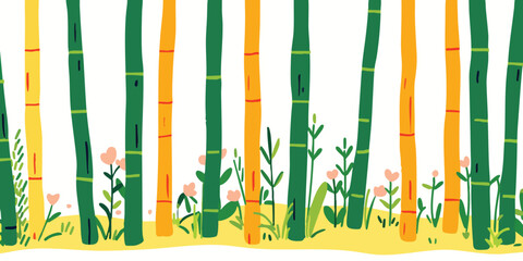 A vibrant illustration of bamboo trees creates a serene and inviting scene of the natural world. The scene radiates a sense of tranquility and appreciation for nature.