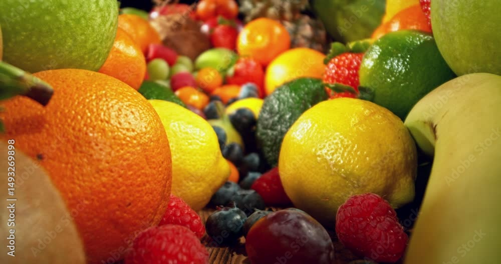 Poster Various Kind of Fresh Exotic Fruits. Camera Placed on Motion Control System. Filmed on High Speed Cinema Camera. Camera in Motion. Isolated on Black Background.