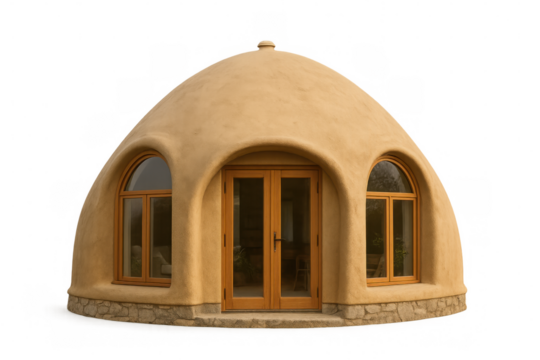 Wooden-clad geodesic dwelling highlighting eco-friendly architecture, transparent backdrop presenting minimalist structural design for architectural rendering