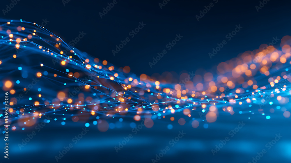 Poster abstract wave of glowing particles on dark background, depicting the concept of connectivity and tec