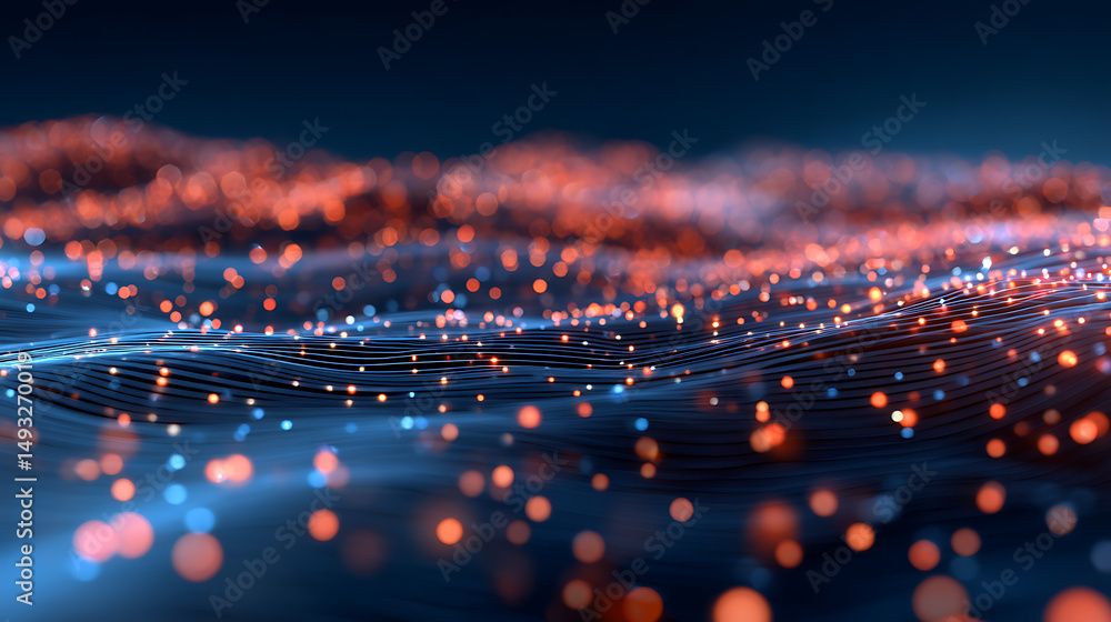Aufkleber abstract wave of glowing particles on dark background, depicting the concept of connectivity and tec