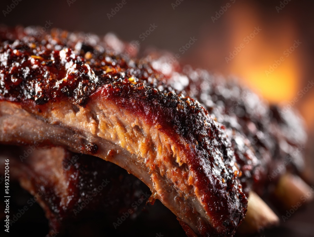 Poster macro shot of delicious barbecue ribs with a smoky glaze resting on a dark surface in a studio setti