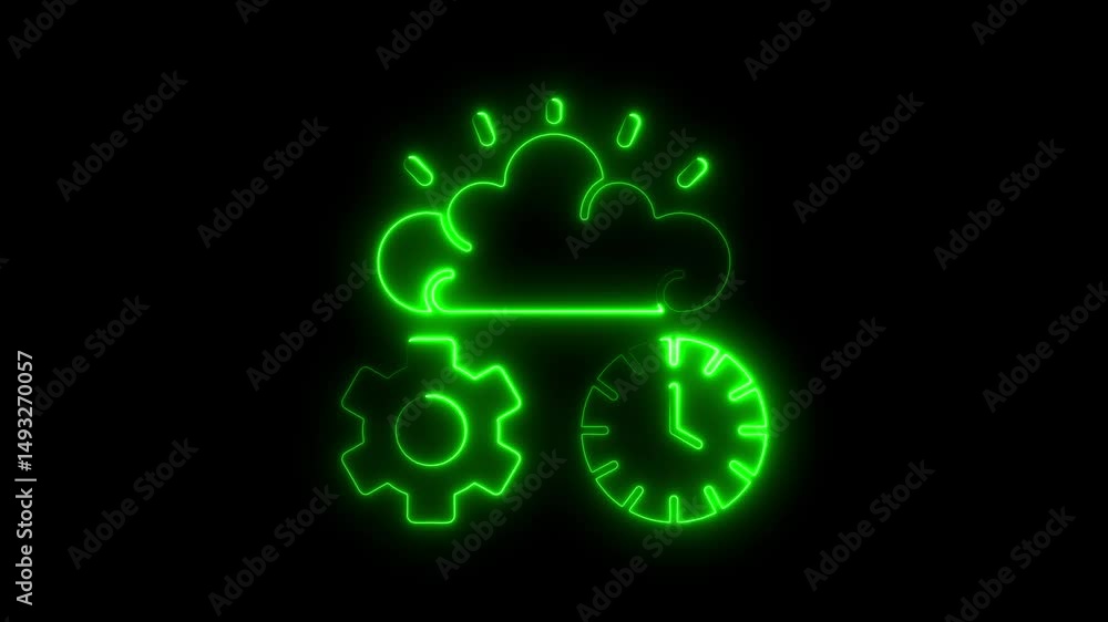 Poster animated green neon icons representing cloud time and settings on a dark background