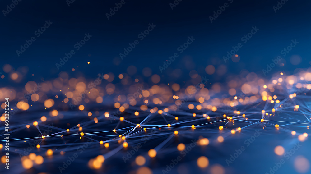 Poster abstract network connections with glowing dots and lines on a dark blue background, concept of digit