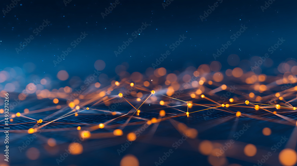 Poster abstract network connections with glowing dots and lines on a dark blue background, concept of digit