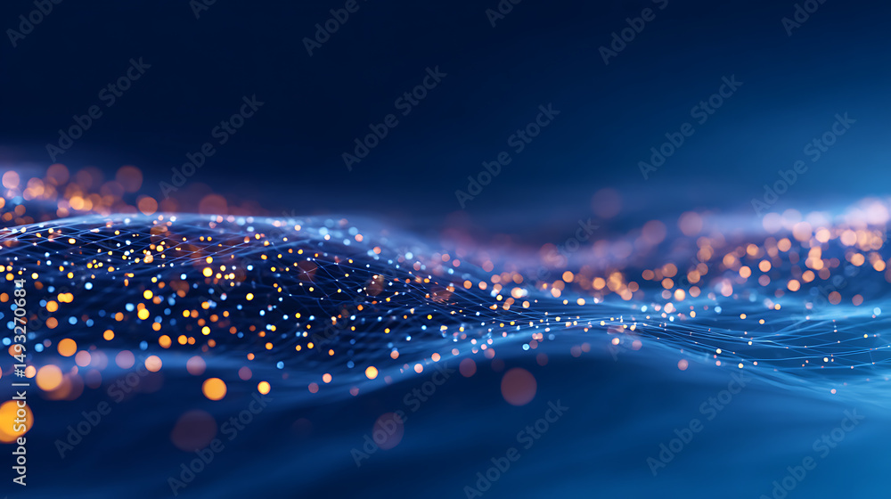 Poster an abstract dynamic wave pattern with sparkling dots on a blue-to-black gradient background, evoking