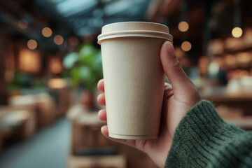 Person holds smoothie in compostable cup with eco label, shop built with recycled wood in background, warm tones, medium close-up, sustainability in everyday life style.
