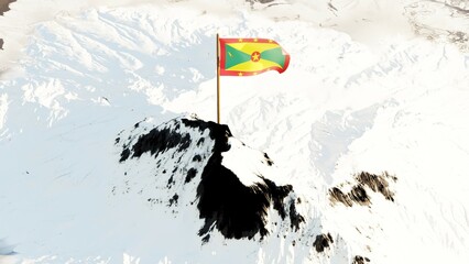 3D rendering of the Grenada national flag, featuring vibrant red, yellow, and green colors with a star and nutmeg symbol, waving atop a snow-covered mountain peak in stunning 4K clarity.

