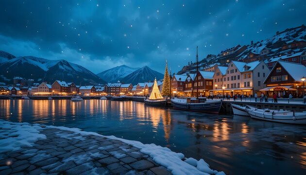 Festive Norwegian harbor town under winter sky