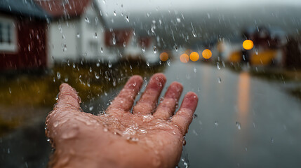 Fototapeta premium Cinematic First-Person Shot of Hand Reaching into the Rain in a Quiet Mountain Town – Emotional Moody Scene with Realistic Lighting and Dramatic Atmosphere