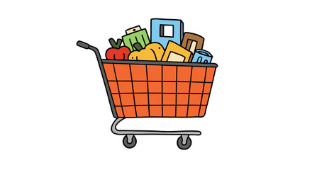 Shopping cart filled with groceries and household items  