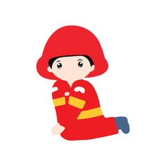 Vector illustration of character firefighter. Firefighters cartoon characters in protective uniform at work big set isolated on white background. Kawaii fire figter character