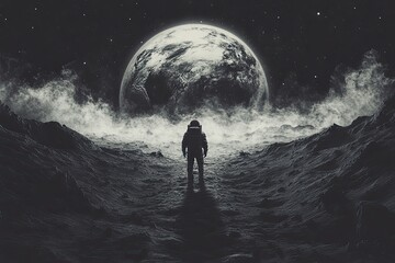 Obraz premium Astronaut on the Moon. View of the Earth. Science Fiction.