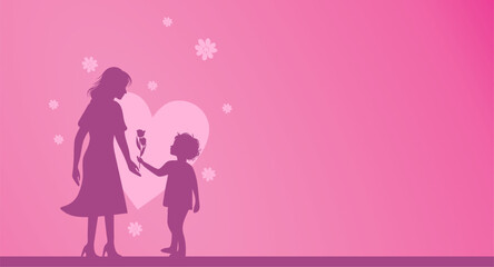 Horizontal banner on a pink background with floral ornament and hearts. Mother's day vector illustration. a boy gives flowers to his mother. Happy Mother's Day. Vector 03