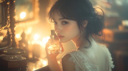 Japanese model spraying perfume near a vintage vanity, classic bedroom decor, lace dress, warm candlelight, romantic and nostalgic mood, soft reflections in the mirror. Background softly blurred,
